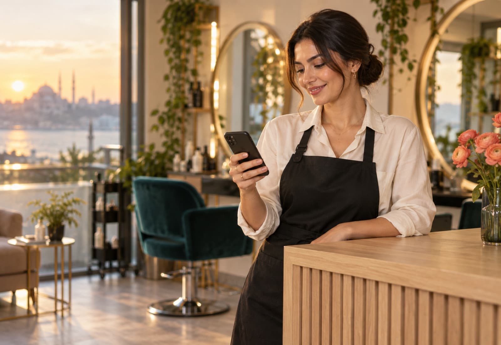 Salon sahibi resepsiyonda telefonundan gelen randevulara bakıyor